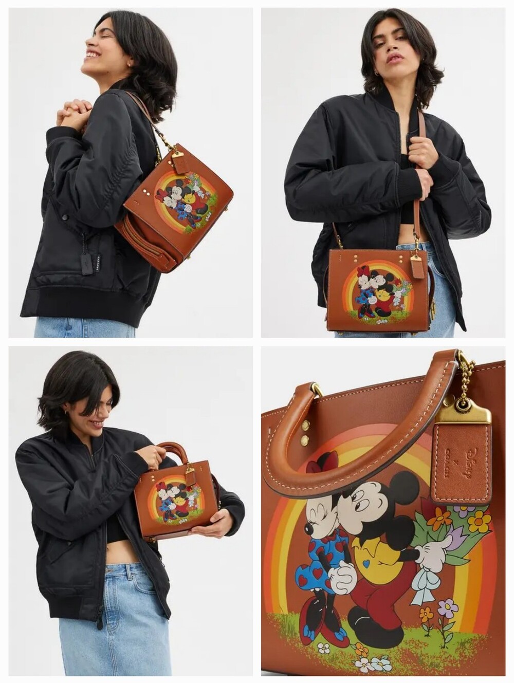 Disney Coach Rogue 25 Mickey Minnie Kissing Rainbow Burnished Amber Leather NEW